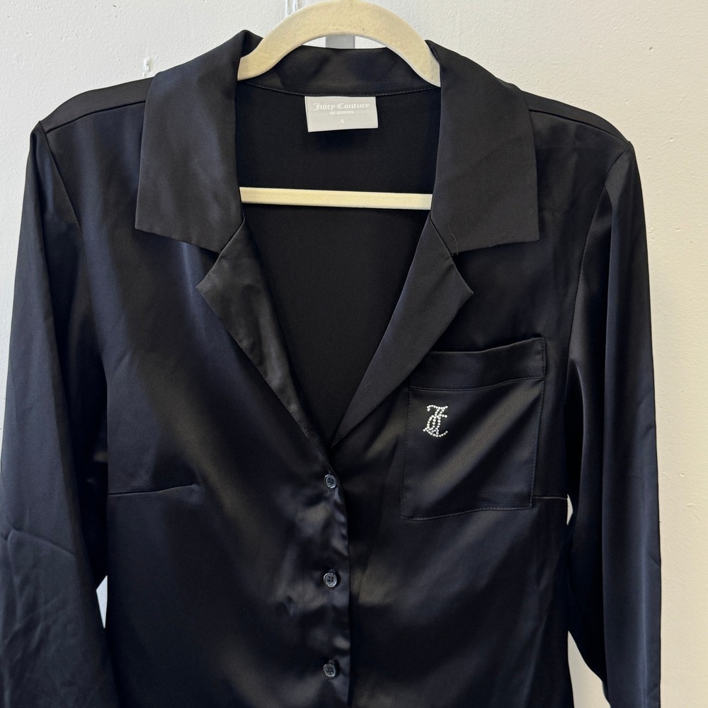 Juicy Couture Black Satin Feather Trim Pajama Top Rhinestone JC Logo Mens Small - Picture 3 of 12
